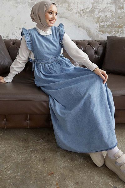 InStyle Frida Frill vállas farmer Gilet ruha - világoskék