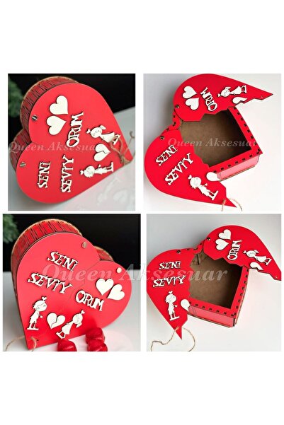 QUEEN AKSESUAR Kırmızı Ahşap Lüks Kalp Seni Seviyorum Kapaklı Kutu Sevgililer...