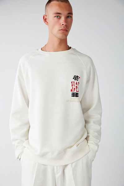 GRIMELANGE Expressed Men's Raglan Sleeve Embroidery and Printed Soft Fabric Round Collar Ecru Sweatshirt