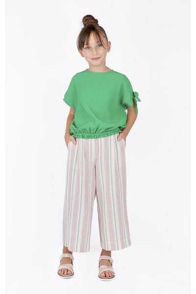 best kids Girl's Green Blouse with Elastic Waist and Sleeve Tie Detail