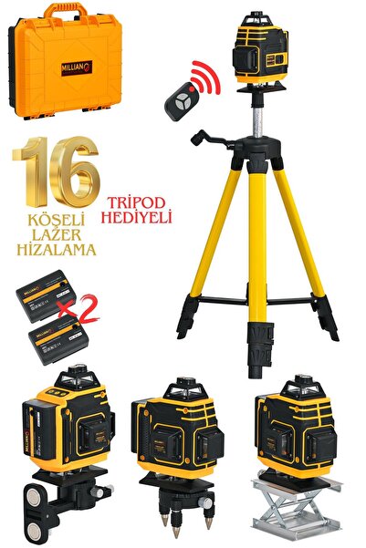 Millian Tripod Hediyeli Uzaktan Kumandalı 16 Köşeli 360 Derece Çizgi Hizalama Lazer Makinesi Seviye Cihazı