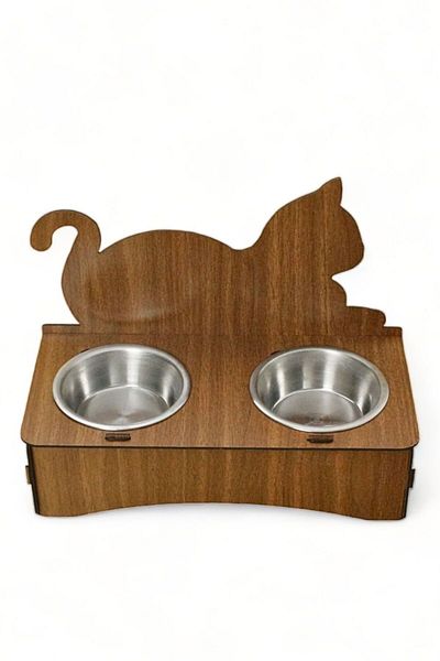 Evene Cat Food Bowl Cat Water Bowl Cat Food and Water Bowl Cat Food Bowl 2 Steel Bowl Model 4 Walnut