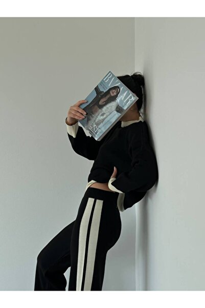 Lusin Women's Stylish Stripe Detailed Sweater Trousers Bottom Top Knitwear Set - Black