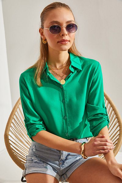 Bianco Lucci Women's Sleeve Folded Basic Viscose Shirt