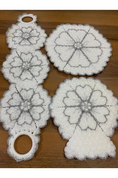 ONTİC Bathroom Washcloth Dowry, Gift Hand Knitted Plump Bowknot Flower Pattern Glittery Triple Set Bathroom Washcloth
