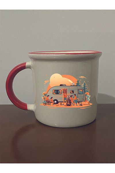 lili hediyelik Camping Visual Printed Red Mouth Mug Cup - Ceramic Tea, Coffee Gift Cup