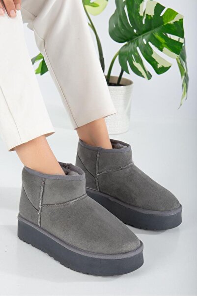 ibrahim müslü Kalın Tabanlı Gri Içi Tüylü Mini Kadın Bot