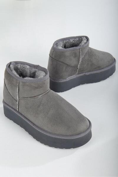 ibrahim müslü Kalın Tabanlı Gri Içi Tüylü Mini Kadın Bot
