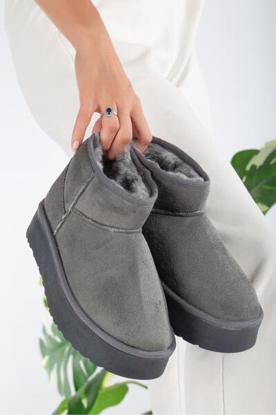 ibrahim müslü Kalın Tabanlı Gri Içi Tüylü Mini Kadın Bot