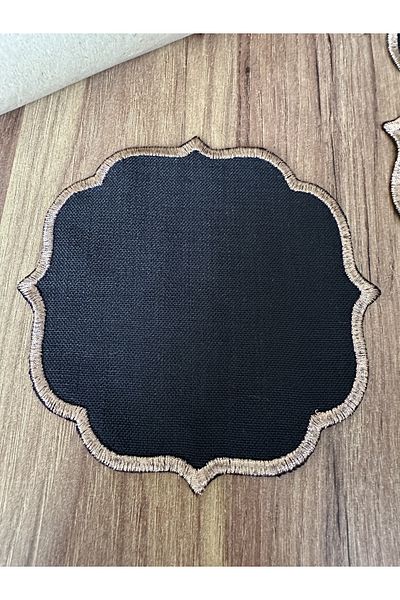 Nurhanhome 6 Pieces Black Color Linen Fabric Coffee Side Cocktail Presentation Napkin with Bronze Embroidery on the Edges
