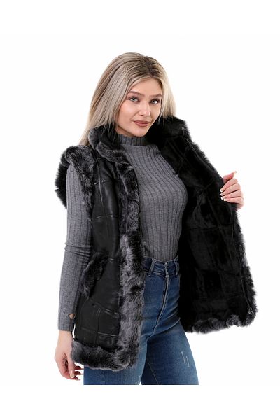 tahiroğlu deri 1987 Unisex Γούνινο Δερμάτινο Μαύρο Γιλέκο Brisa Feather