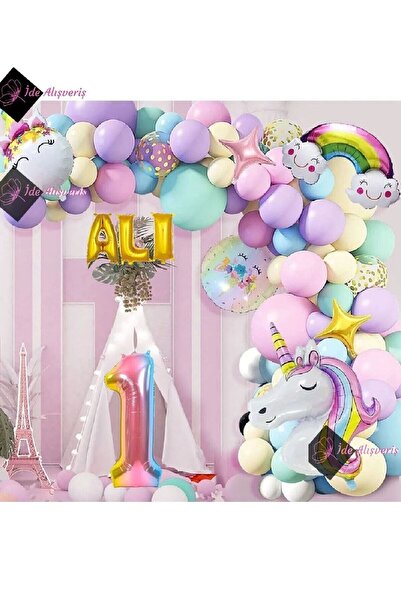 Bkmc 1 Year Old and 3 Letter Rainbow Concept Unicorn Themed Macarons Balloon ...