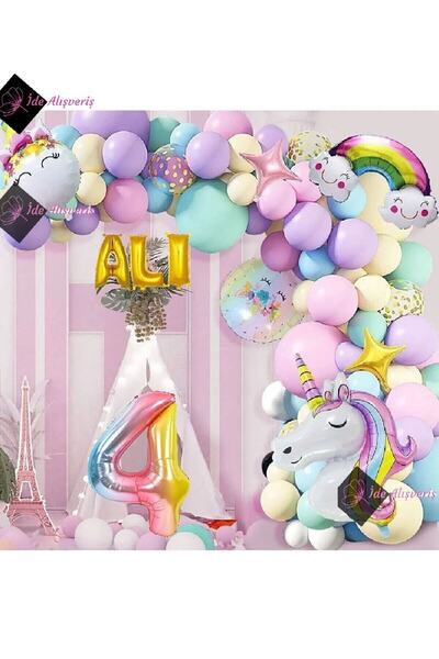 Bkmc 4 Years and 3 Letters Rainbow Concept Unicorn Themed Macarons Balloon Bi...