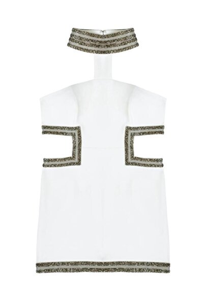 LUNA Official Luna by Savoir Snowfall Soiree Gümüş Detaylı Pencereli Beyaz Mini Elbise