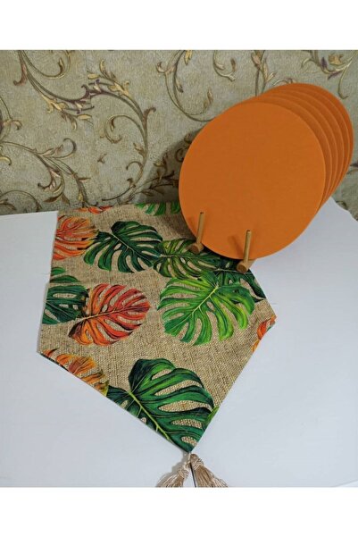 HALFART Turuncu Devetabanı Desenli Duck Keten Runner ve 6 Adet Turuncu Keten ...