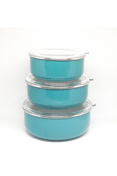 Avşar ENAMEL HOUSE 3-PIECE 14-16-18 CM DIAMETER ENAMEL STORAGE CONTAINER WITH LID