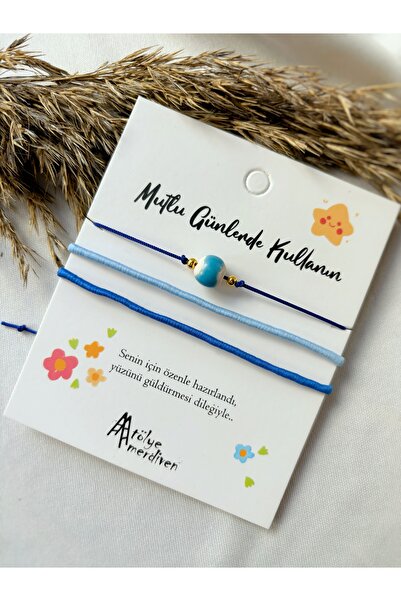 Atölye Merdiven Seramik 3 lü ip bileklik seti Mavi