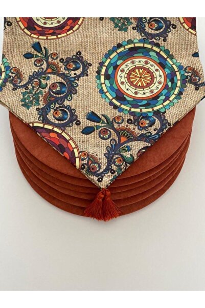 HALFART Mandala Desenli Duck Keten Runner ve Kiremit Renkli Supla