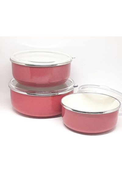 Avşar ENAMEL HOUSE 3-PIECE 14-16-18 CM DIAMETER ENAMEL STORAGE CONTAINER WITH LID