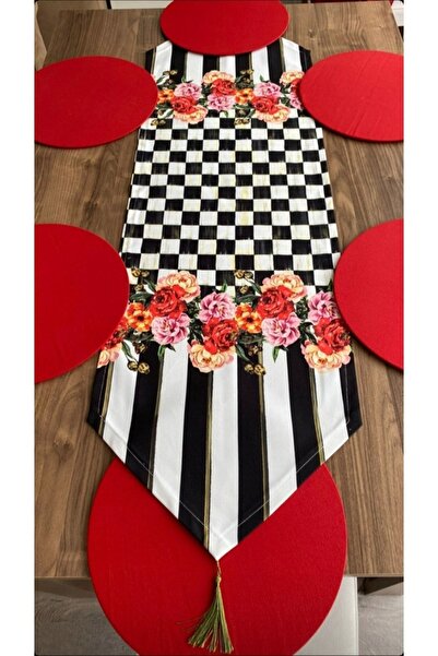 HALFART Kırmızı Çiçek Desenli Runner ve 6 Adet Kırmızı Supla Seti