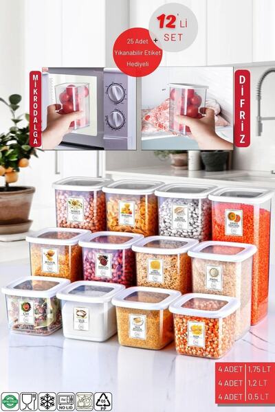 Nandy Home 12-Piece White X4 Food Storage Set - Unbreakable Square, Labeled, 1.75 Lt/1.2 Lt/0.5 Lt