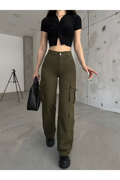 BİKELİFE Khaki kalhoty s vysokým pasem a širokými kapsami