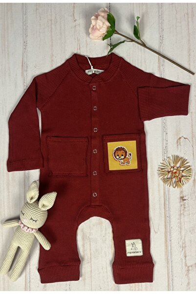 Fox&Sky Organic Dark Red Baby Rompers - Lion Printed with Yellow Background