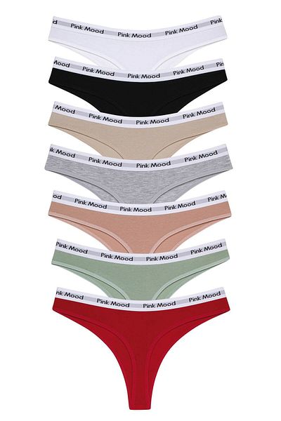 pink mood Elastic Waistband Cotton Thong 7' Pack
