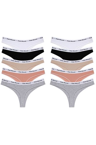 pink mood Elastic Waistband Cotton Thong 10' Lot