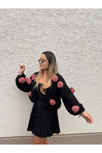 mihal boutique Cardigan de damă cu motiv trandafir negru