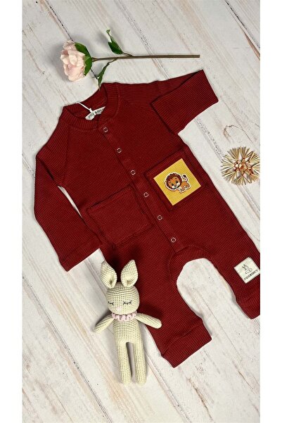 Fox&Sky Organic Dark Red Baby Rompers - Lion Printed with Yellow Background