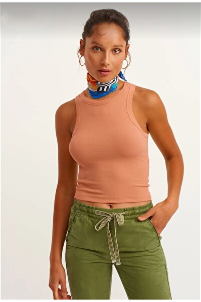 GIFT by CA Kadın Somon Fitilli T-shirt Halter Yaka Atlet Body Basics Kolsuz R...