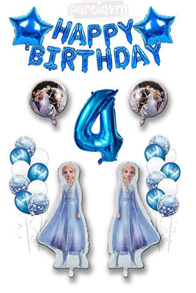 PARTİAVM مجموعة بالونات عيد ميلاد سعيد على شكل شخصية إلسا الزرقاء من فروزن، بالون شفاف مع بالون ملكة الثلج إلسا
