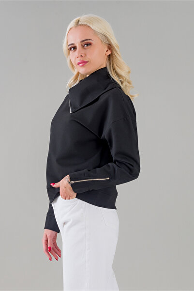 Bold & Young Women's Black Color Zippered Shawl Collar Long Sleeve Tunic