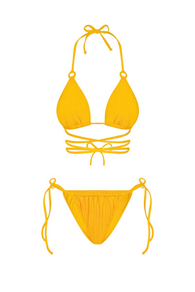 Bonesta Halka Detaylı Beyaz Belden Bağlamalı Üçgen Bikini Takımı