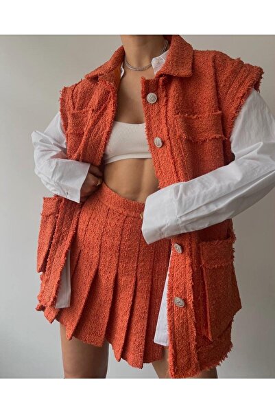 Nevra Butik Tasarım Turuncu Chanel Kumaş Oversize Yelek-şortetek