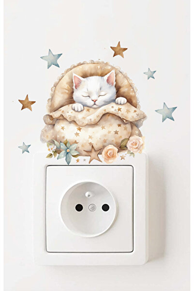 Sim Tasarım Priz - Soft Renk Uyuyan Sevimli Kedicik Çocuk Odası Priz Duvar St...