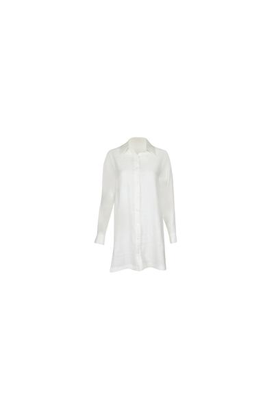 GGULES Buttoned Side Slit White Above Knee Linen Shirt Dress