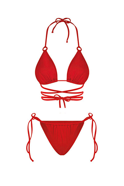 Bonesta Halka Detaylı Beyaz Belden Bağlamalı Üçgen Bikini Takımı