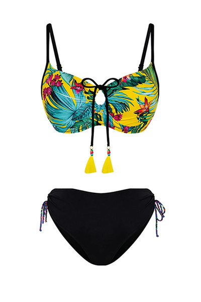 Bonesta Sarı Fuşya Çiçek Desenli Önü Sürgülü Bikini Takımı