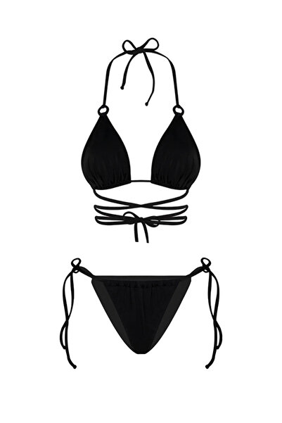 Bonesta Halka Detaylı Beyaz Belden Bağlamalı Üçgen Bikini Takımı