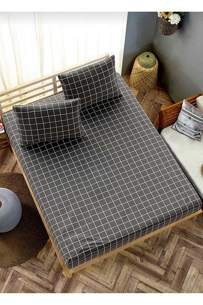 MORRİVAL SINGLE SMOKED CHECKED ELASTIC SHEET SET, SMOKED 120 X 200 +35 CM HEIGHT WITH 2 PILLOW CASES