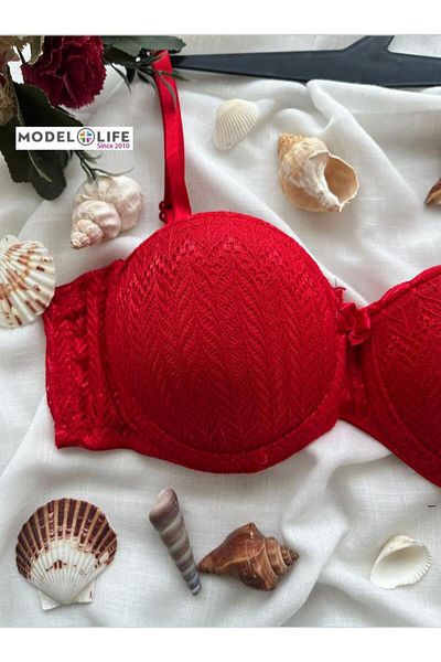 MODELLİFE Strapless Underwire Supported Padded Red Flame Lace Bra