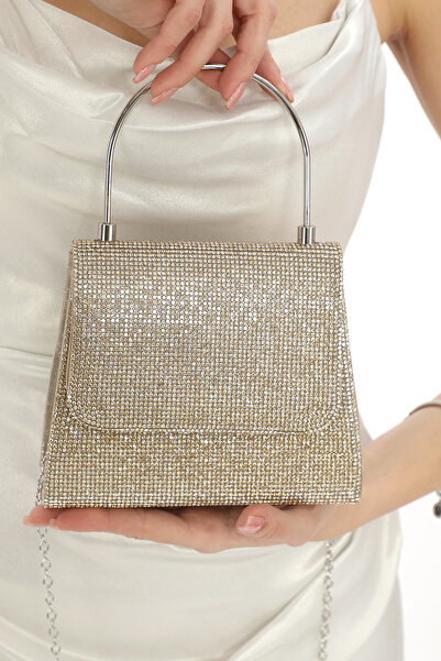 womenacs Stylish New Season Women's Evening Dress Porfolio Wedding Clutch Bag with Gold Gold Color Full Stone Chain Strap