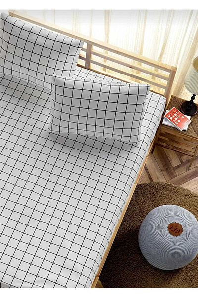 MORRİVAL SINGLE CHECKED ELASTIC SHEET SET, WHITE - SMOKED