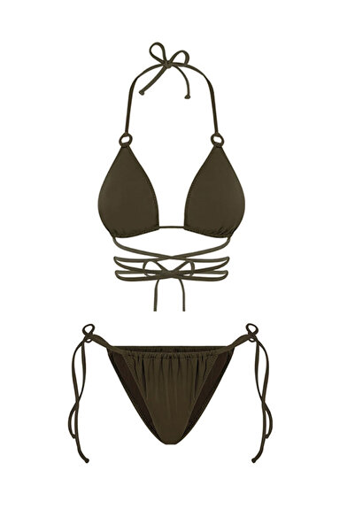 Bonesta Halka Detaylı Beyaz Belden Bağlamalı Üçgen Bikini Takımı