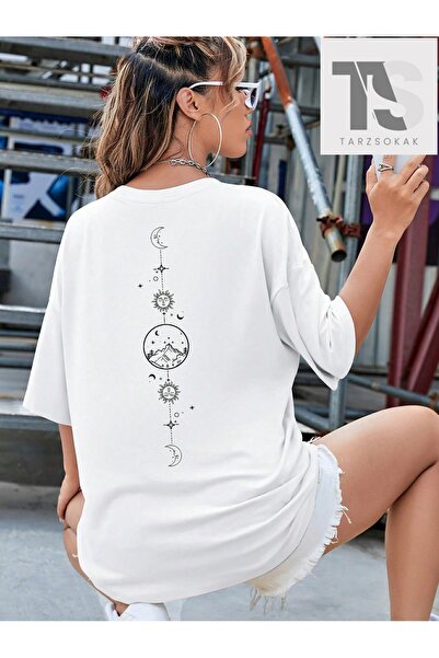 Tarzsokak Tricou oversize cu umăr liber cu model Soare și Lună