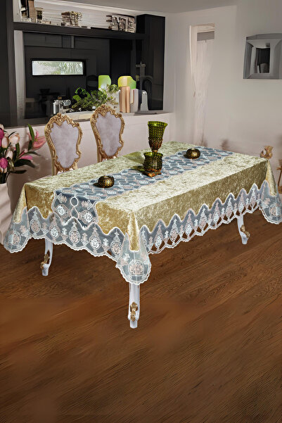Finezza Çağla Луксозна дантелена кадифена тъкан Бежова покривка за маса 160x2...