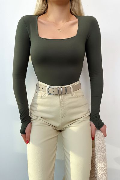 LACHT Women's Khaki Finger Slip-on Square Collar Cotton Blouse