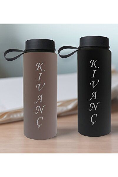 Bk Gift Kişiye Özel İsimli 2’li Gri ve Siyah Cam Matara 500ml, Sevgiliye Hedi...
